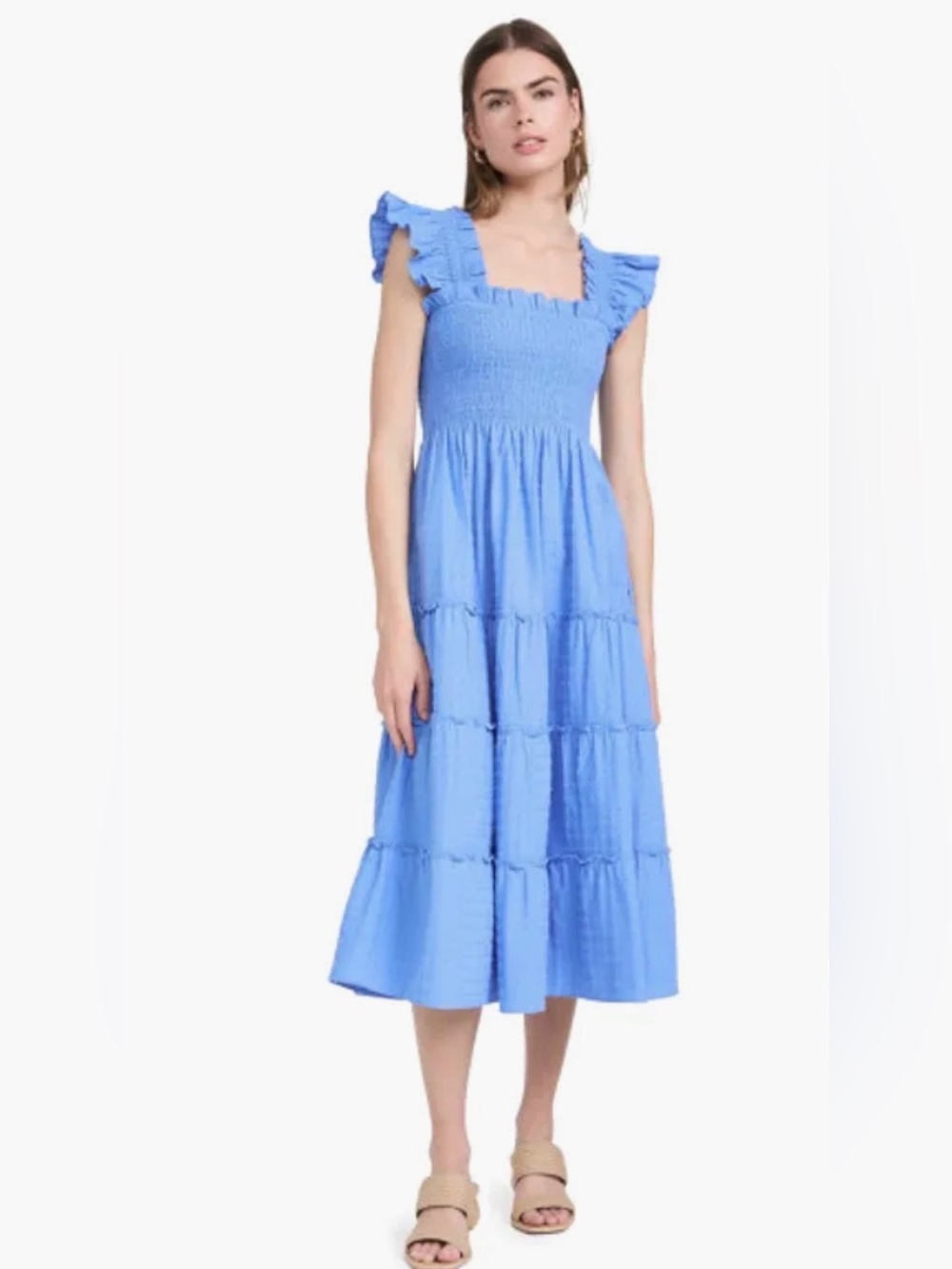 Hill House Ellie Nap Dress Blue Textured Clip Dot XXS Smocked Tiered Midi
